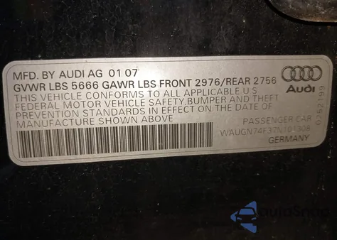 2007 Audi S6 5.2 from USA, damaged, VIN WAUGN74F37N101308